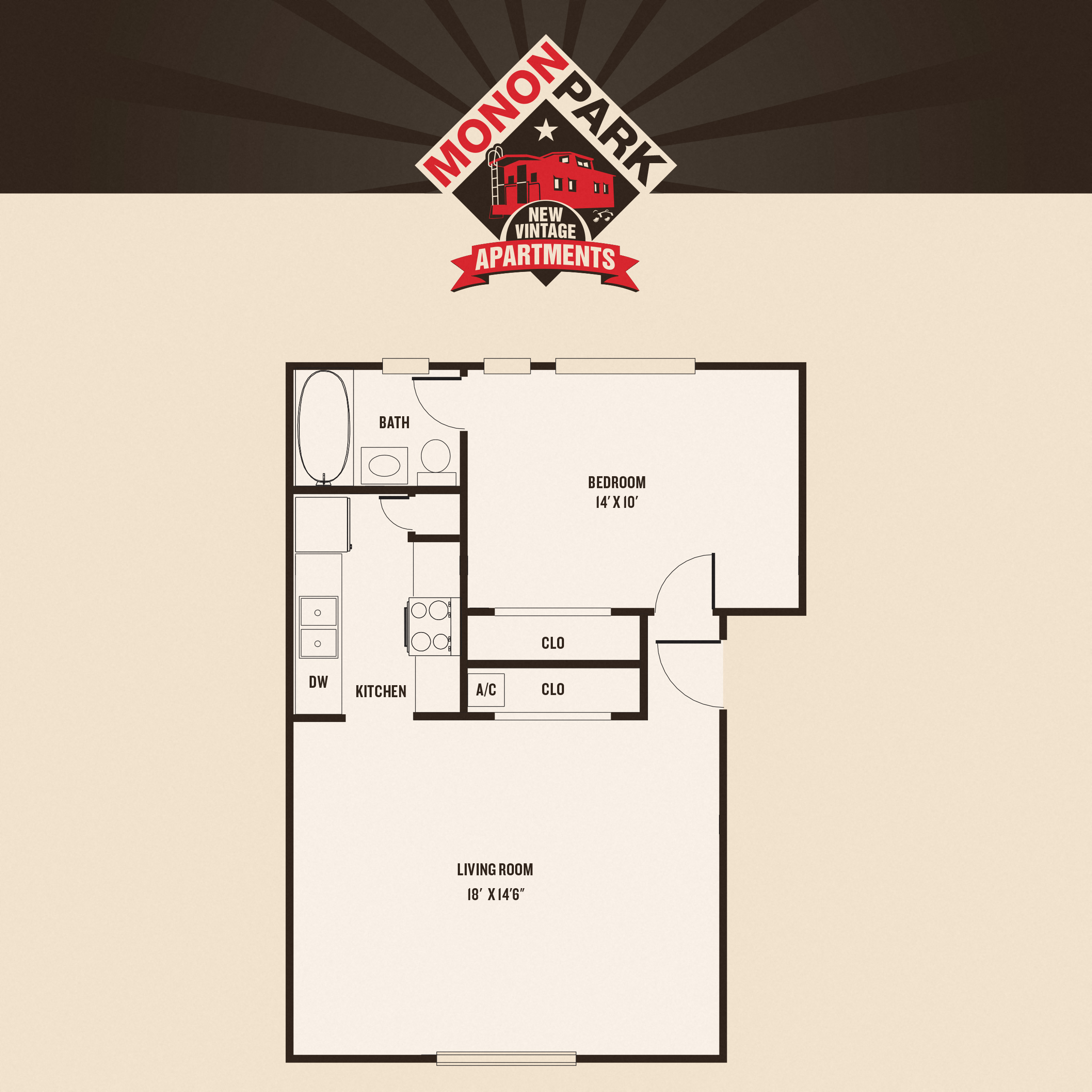 Floor plan for 1 bed, 1 bath, 600 sqft
